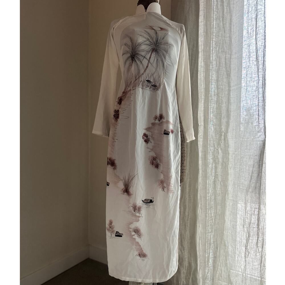 Thanh Van XXS Dress Cream Vintage Vietnamese Ao Dai Floral Landscape Print